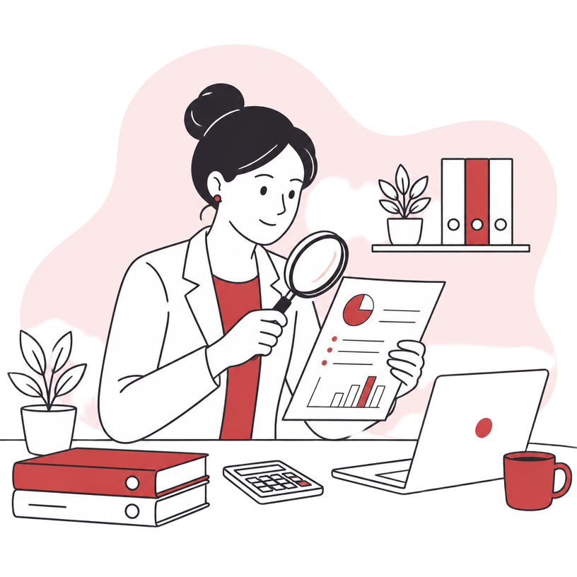 Illustration of a consultant reviewing a document with a magnifier