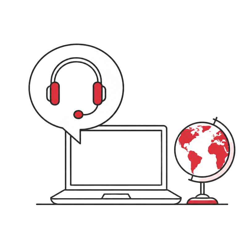 Illustration of online support with a headset, laptop and globe
